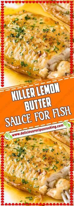 grilled lemon butter sauce for fish on a white plate with red and orange border