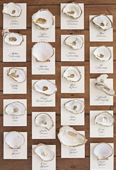 an assortment of seashells and place cards on a wooden table