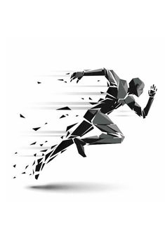 the silhouette of a running man is shown in black and white, with shattered lines