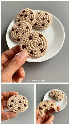 crocheted cookies on a white plate with chocolate chips in the middle and then rolled up