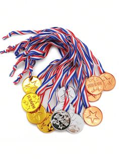 several medals and ribbons on a white background