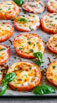 baked tomatoes with cheese and basil on a baking sheet