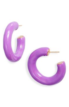 Lightweight enamel hoops in a vibrant hue add a playful vibe to your everyday look. Post back 14k-gold fill Imported Tube Hoop Earrings, Linen Blend Dress, Purple Earrings, Pin Tucks, Nordstrom Dresses, Everyday Look, Ear Piercings, Linen Blend, Piercings