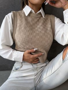 Khaki Casual Collar  Fabric Plain  Embellished Medium Stretch Spring/Fall Women Clothing Sweater Vest Women, Modest Clothing, Inspired Outfits, 가을 패션, Professional Outfits, Business Outfits, Modest Outfits