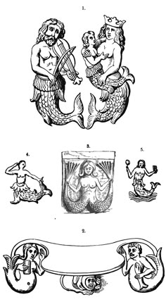 an old fashioned drawing shows mermaids and dolphins