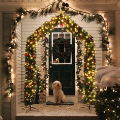 a dog is sitting on the front porch decorated with christmas lights and garlands,