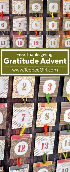 the free thanksgiving printables are on display in front of a wooden board with numbered numbers