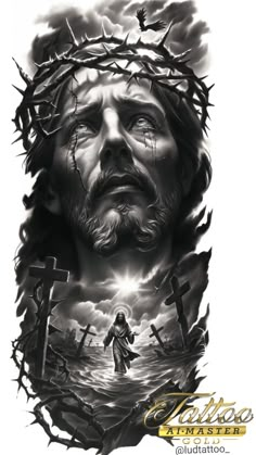 the face of jesus with his crown on top of it, surrounded by crosses and clouds