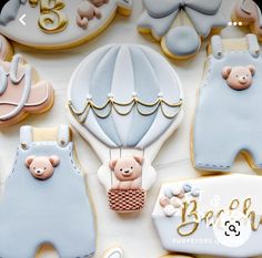 baby shower cookies with teddy bears and hot air balloons