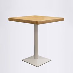 a square wooden table with metal base on a plain white background, showing the top