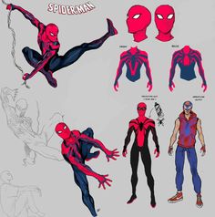 the spider - man character model sheet is shown in various poses and positions, including hands on