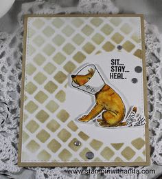 a card with an image of a dog sitting on the ground and saying, sit stay heal