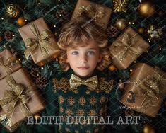 a young boy wearing a green sweater surrounded by presents