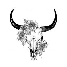 a bull skull with sunflowers on it's horns is shown in black and white