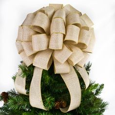 Solid Burlap Christmas Tree Bow Topper | Lantern Bow | Rustic Present Bow - Pink Door Wreaths Burlap Tree Topper, Christmas Tree Bow Topper, Tree Bow Topper, Winter Decor After Christmas, Tree Topper Ideas, Present Bow, Crafts Christmas Ideas, Decor After Christmas, Burlap Tree