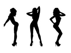 three silhouettes of women in high heels, one with her hand on her head