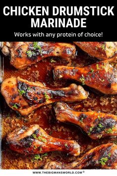 chicken drumstick marinade in a pan with text overlay