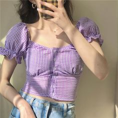 100% Brand New and High Quality <br />Material: Polyester, Cotton <br />Size: Length 40cm x Bust 76cm x Sleeve 21cm x Waist 60cm Preppy Mode, Ruffle Trim Top, Purple Blouse, Cropped Tops, Mori Girl, Mode Inspo, Crop Blouse, Korean Street Fashion, Looks Vintage