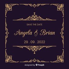 save the date card with golden frame on purple background for wedding or other event design