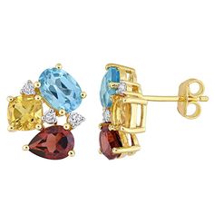 Featuring an array of colorful gemstones, these Stella Grace studs add a vibrant finishing touch to any outfit. Featuring an array of colorful gemstones, these Stella Grace studs add a vibrant finishing touch to any outfit. Metal: sterling silver Backings: post Packaging: boxed Plating: gold tone Finish: polished Length: 4.6 mmSTONE DETAILS Stone type: Swiss blue topaz, citrine, garnet, white topaz Total weight: 4 9/10 ct. Shape: cushion cut, oval, pear, round Setting: prong Gemstones may have b Colorful Stud Earrings, Yellow Plates, Blue Topaz Stone, Gemstone Stud Earrings, Citrine Gemstone, Gemstone Studs, Swiss Blue Topaz, Lovely Earrings, Cluster Earrings