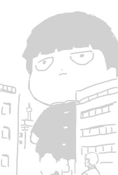 a drawing of a boy with glasses and a scarf over his neck, standing in front of a tall building