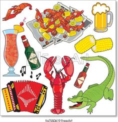 lobsters, corn, and other foods are arranged on a white background with drinks