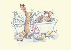 a drawing of a bunny taking a bath