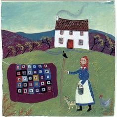 a painting of a woman with a bird and a house on the hill behind her