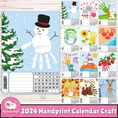 a calendar with snowmen and trees on it