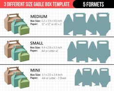 three different sizes and shapes of boxes with labels for each box, including the top one in