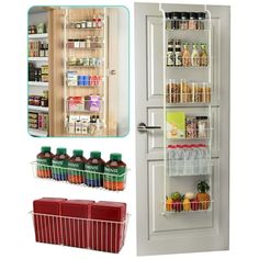 an open pantry door with two shelves filled with food and condiments next to it