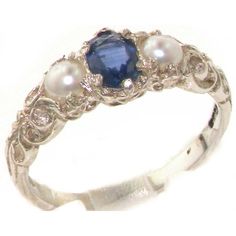 Amazon.com: Ladies Solid 925 Sterling Silver Natural Sapphire & Cultured Pearl Victorian Trilogy Ring - Finger Sizes 4 to 12 Available: Pearl And Sapphire Ring: Clothing Engagement Rings Without Diamonds, Rings Pandora, Pearl Wedding Ring, Sapphire Jewellery, Bling Things, Rings Sapphire, Victorian Ring, Pearl Engagement Ring