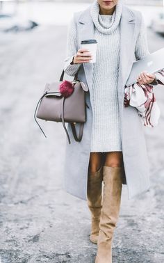 Hello Fashion - Celine Bag, Grey Vest, White Knit, Over the Knee Boots Nude Boots, Walking Down The Street, Hello Fashion, 50 Style, Grey Coat, Aging Gracefully, Looks Chic, Fashion Mode, Looks Style