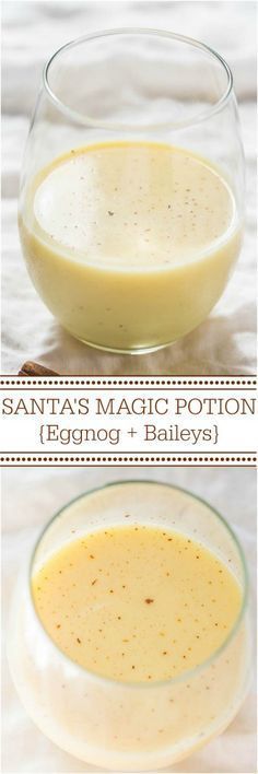 two pictures showing the different stages of how to make eggnog and bailey's