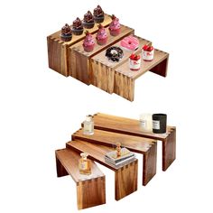 two wooden tables with cupcakes and other desserts on them are shown in three different angles