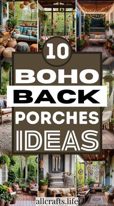 the words boho back porches ideas are shown in many different styles and colors