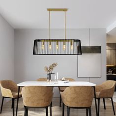 a dining room table with four chairs and a chandelier hanging from the ceiling