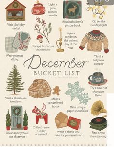 the december bucket list is shown in this graphic style, with pictures and words on it