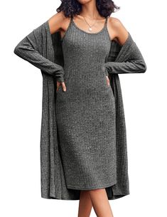 PRICES MAY VARY. 【Soft Fabric】Long sleeve nightgown is made of high quality ribbed fabric,High elastic and roomy designs are forgiving for anybody,also perfect for maternity postpartum belly 【Features】Ribbed knit robe set for women includes a cami dress and a long cardigan,it can be worn alone or combined for different looks,variety color for choice 【Long cardign】Knit cardign with front open design,adds a good cover without being too heavy.Two side pockets offer the convenience of being able to Nightgown And Robe Set, Nightgown Outfit, Outfit Sets For Women, Maternity Nightgown, Long Sleeve Nightgown, Postpartum Belly, Knit Dresses, Open Design, Everyday Activities