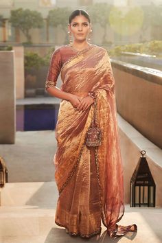 a woman in a brown and gold sari standing on a ledge with her hand on her hip