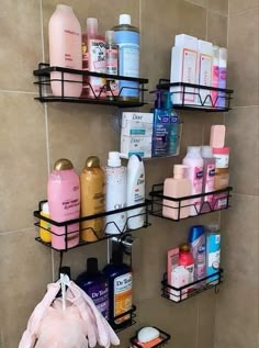 the bathroom is organized and ready to be used as a storage rack for personal care products