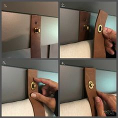 the instructions for how to make a curtain with leather and brass knobs on it