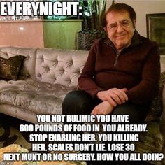 a man sitting on top of a couch in front of a window with the caption, everynight you not building you have 600 pounds of food in your