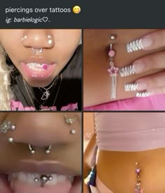 four pictures of different types of piercings on the side of a woman's stomach