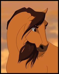 an animated horse with long hair and brown eyes