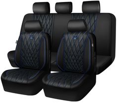 three black and blue car seats with diamond stitching on the front, back and side