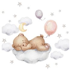 a watercolor drawing of a teddy bear sleeping on a cloud with balloons