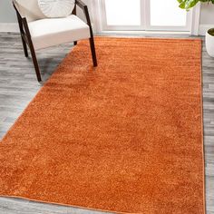 an orange rug in a living room with a chair and potted plant on the floor