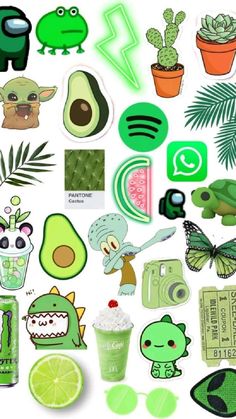 an assortment of stickers and decals on a white surface with plants, animals, and other items