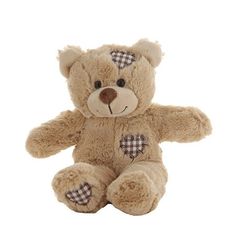 a brown teddy bear sitting on top of a white background with checkered hearts around it's eyes